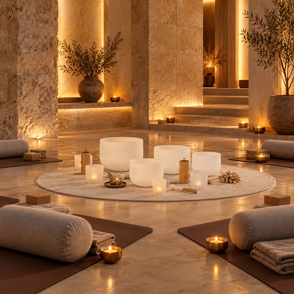 Kristallklangschalen in einem warm beleuchteten Meditationsraum.