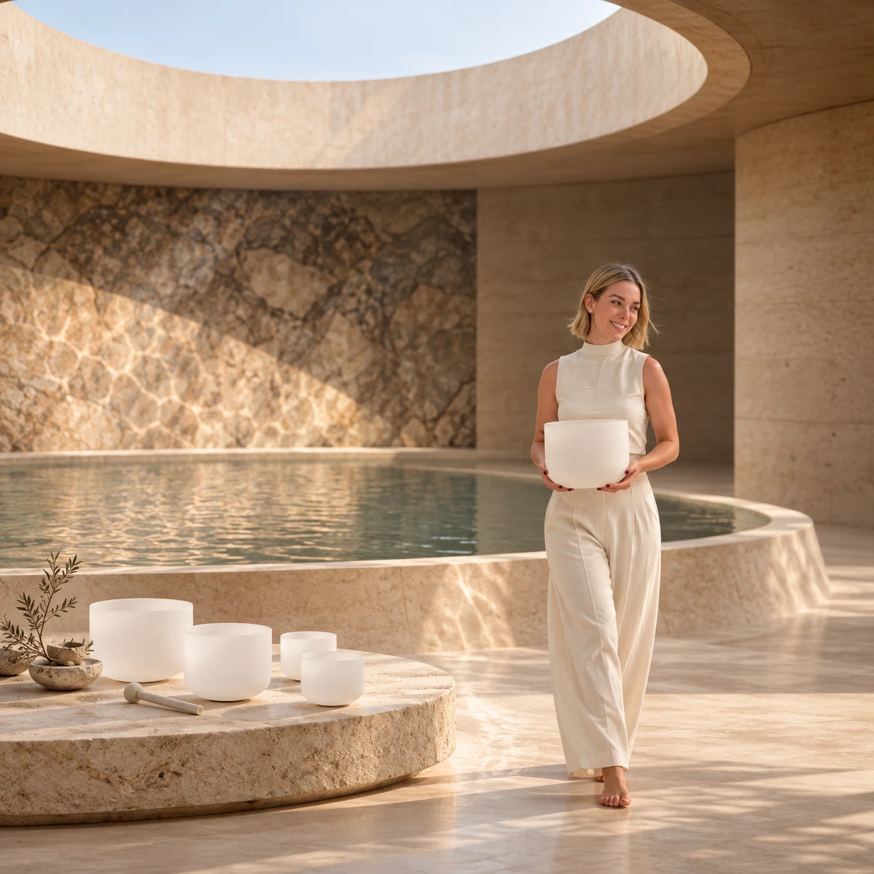 Bildmotiv mit Tamara Hibler, Kristallklangschalen und heller Steinarchitektur.